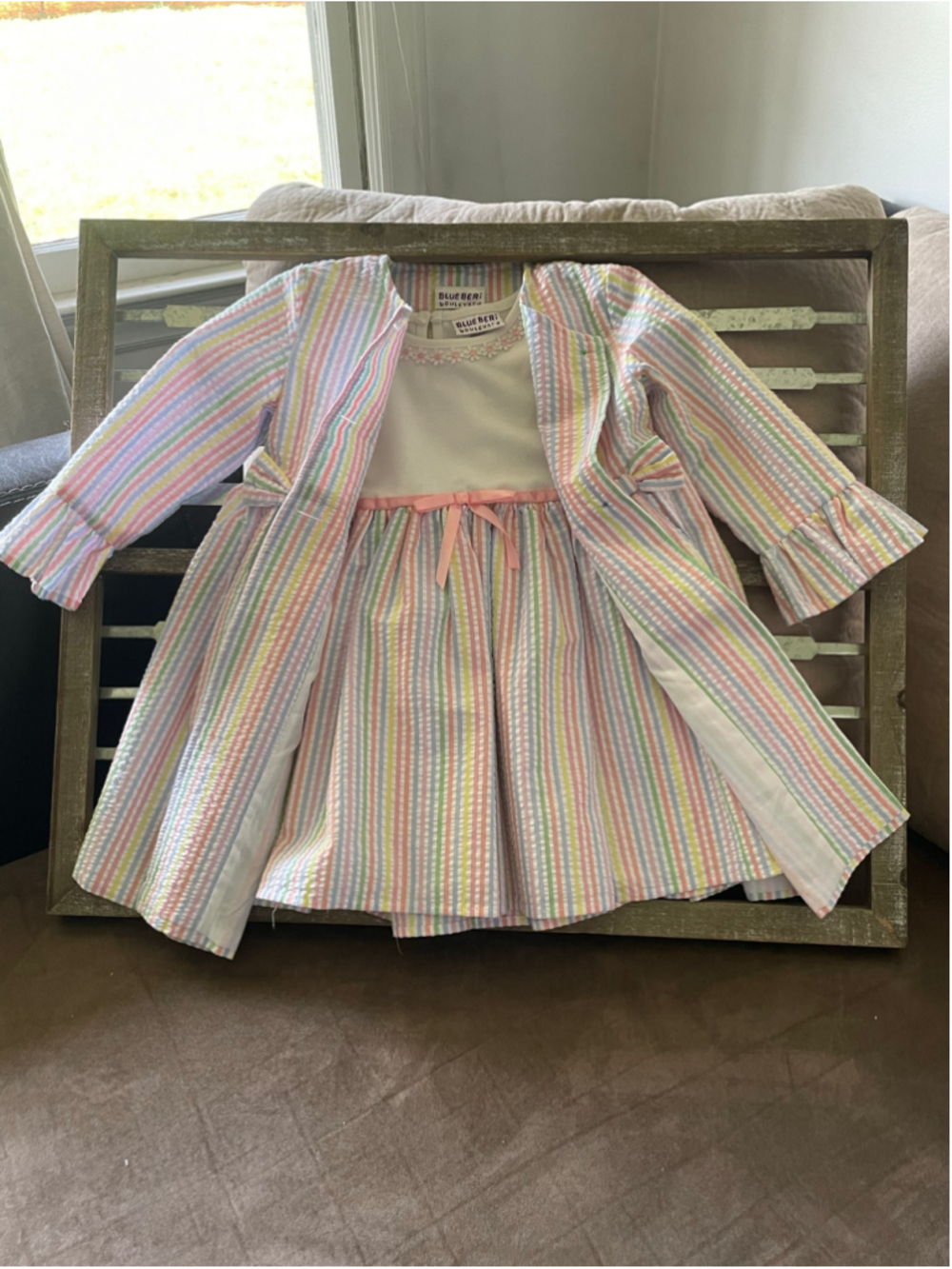 Blueberi Boulevard 3T Girls Pastel Rainbow Stripe Seersucker Dress & Jacket Set